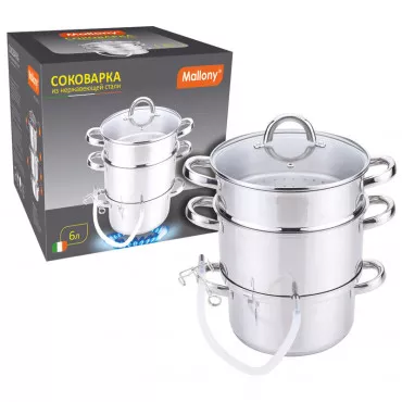 Соковарка из нерж стали MAL-JUICER-1, объем 6 л, 3 чаши, стекл крышка с пароотводом, зерк полир. 985879-SK