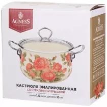 КАСТРЮЛЯ "КОРЕЙСКАЯ РОЗА" 1.5 Л AGNESS ЭМАЛИРОВАННАЯ СО СТЕКЛ. КРЫШКОЙ 16*10 СМ 915-135 Lefard