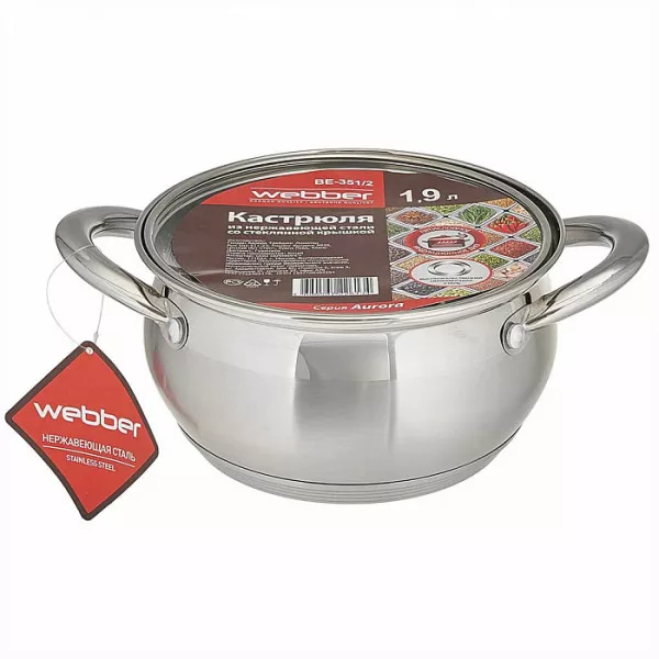 Кастрюля 1,9 л, 16 см, из нержавеющей стали со стеклянной крышкой WEBBER BE-351/2 